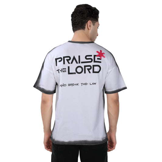 White Oversized T-shirt – "Praise the Lord and Break the Law"